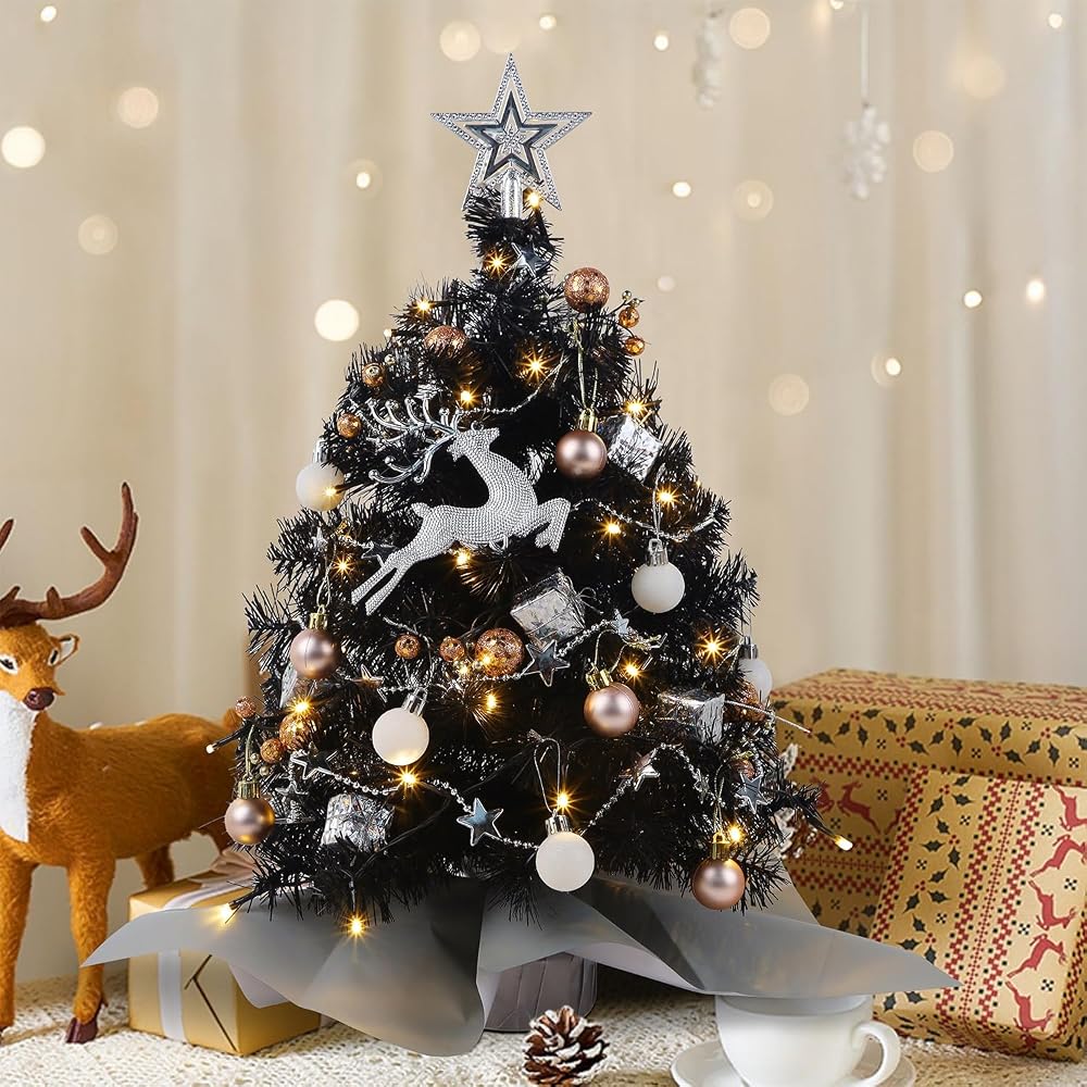 Juegoal Pink Mini Christmas Tree, 24 Inch/2 FT Lighted Tabletop Artificial Xmas Pine Tree, Small Spruce Tree Light Up Battery Operated & Timer with 50 LED Lights, for Holiday Winter Home Party Decor