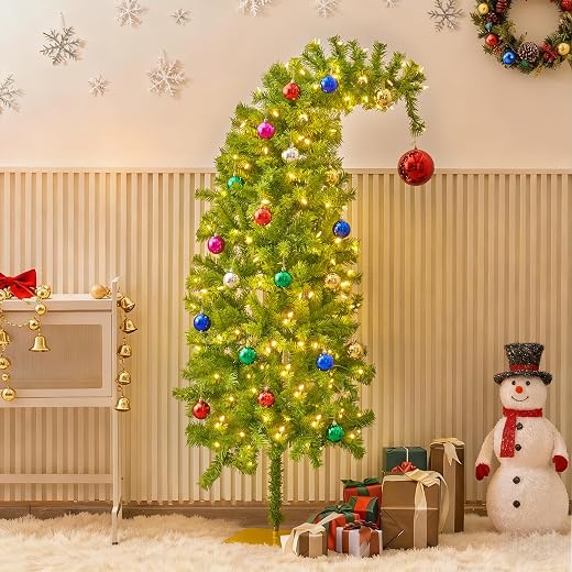 Juegoal 5 FT Artificial Christmas Tree, Pre-Lit Curved Shape Artificial Whimsical Xmas Tree with 150 LED Warm White Lights & Colorful Balls, 8 Lighting Modes Bendable Fake Pine Tree with Metal Base