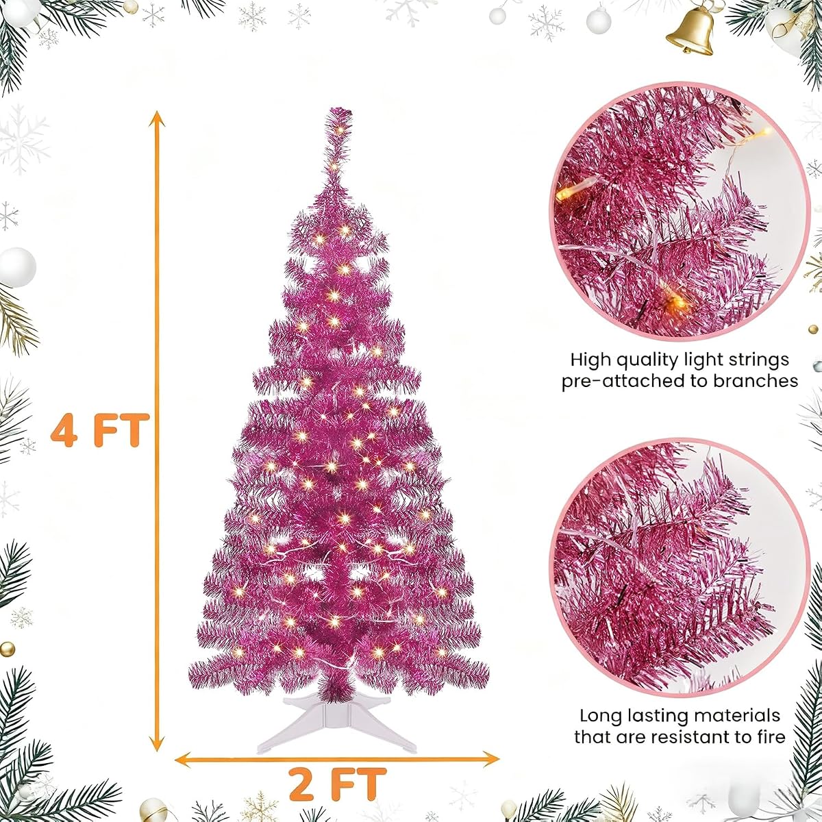 Juegoal Pink Artificial Tree, 4 FT Pre-lit Christmas Tree, Lighted Tinsel Pencil Pine Spruce Trees with Warm White Lights, 8 Lighting Mode Battery Powered for Xmas Holiday Winter Home Party Decor - detail image 2