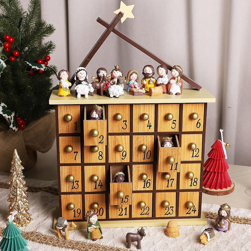 Juegoal Nativity Advent Calendar, Countdown to Christmas Advent Calendar with 24 Pieces Figures & 24 Drawers, Christian Religious Stocking Stuffers Presents Party Favors Gifts for All Ages Boys Girls