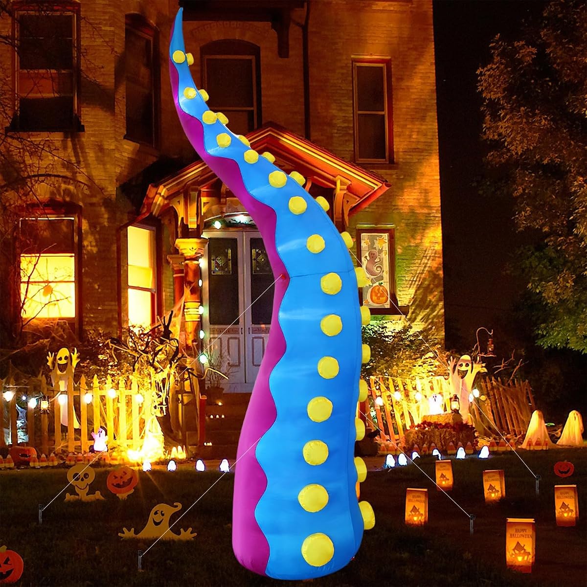 Juegoal 1 PCS Halloween Decorations 11.5FT Tall Inflatable Lighted Giant Octopus Tentacle, Octopus Legs with Lights, Halloween Front Door Window Roof Prop, Outdoor Holiday Blow up Decor - Mold C - 细节图 2