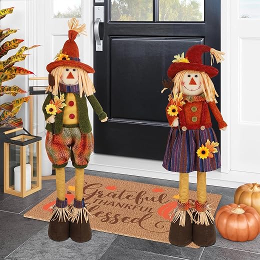 Juegoal 2 Pack Fall Decorations Large Scarecrows with Stretchable Legs, 28" Standing Scarecrow Thanksgiving Harvest Autumn Decor, Figurine Gifts for Home Housewarming Outdoor Farmhouse Porch