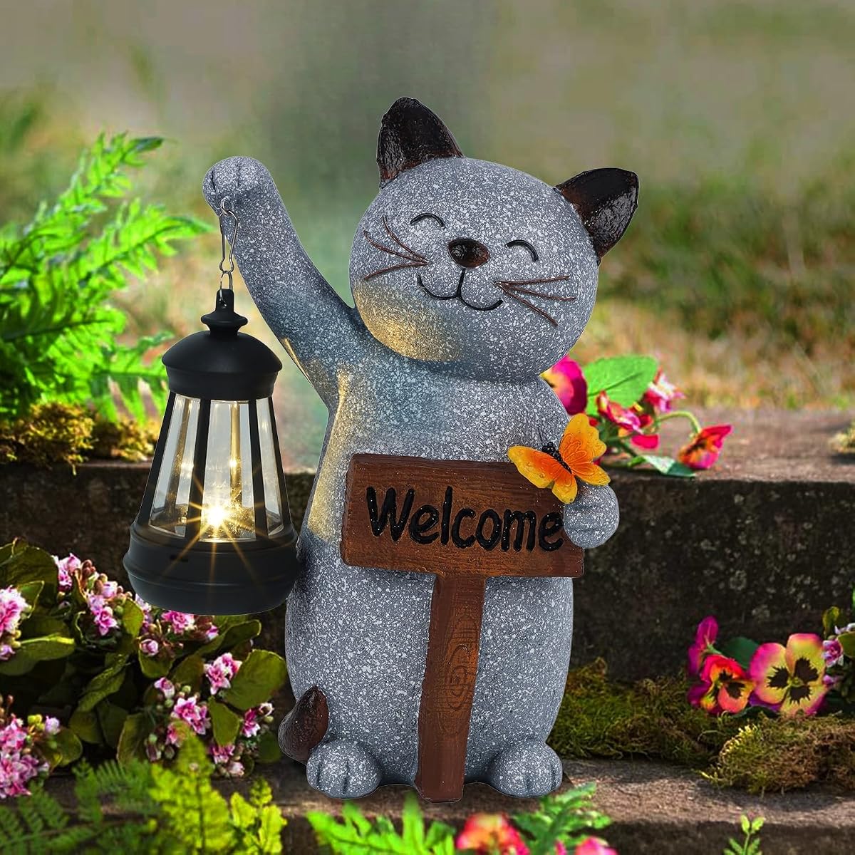 Juegoal Garden Statue Solar Cat Figurine with LED Lantern, Mothers Day 10" Resin Kitten Hold Welcome Sign, Outdoor Whimsical Lawn Porch, Lighted Housewarming Birthday for Mom Grandma - imagem de detalhe 6