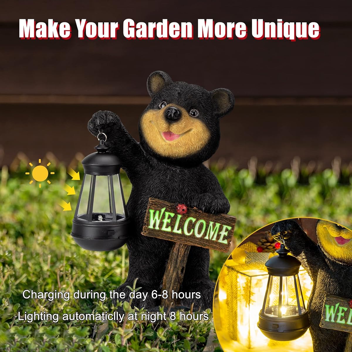 Juegoal Garden Bear Statue with Solar LED Lantern, Luminous Welcome Sign, Gifts for Mom Yard Art, Whimsical Figurine Large Sculpture Lighted Outdoor Mother's Day Spring Decorations for Lawn, Porch - detail image 3