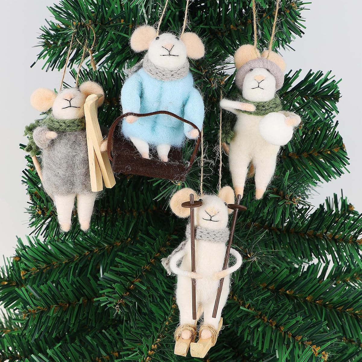 Juegoal Felt Skiing Mice Ornaments Set of 4, Winter Xmas Wool White Mouse Hanging Decor, Felt Animal Crafts Woodland Cute Christmas Tree Wreath Decor for Home Party Supplies - detail image 4