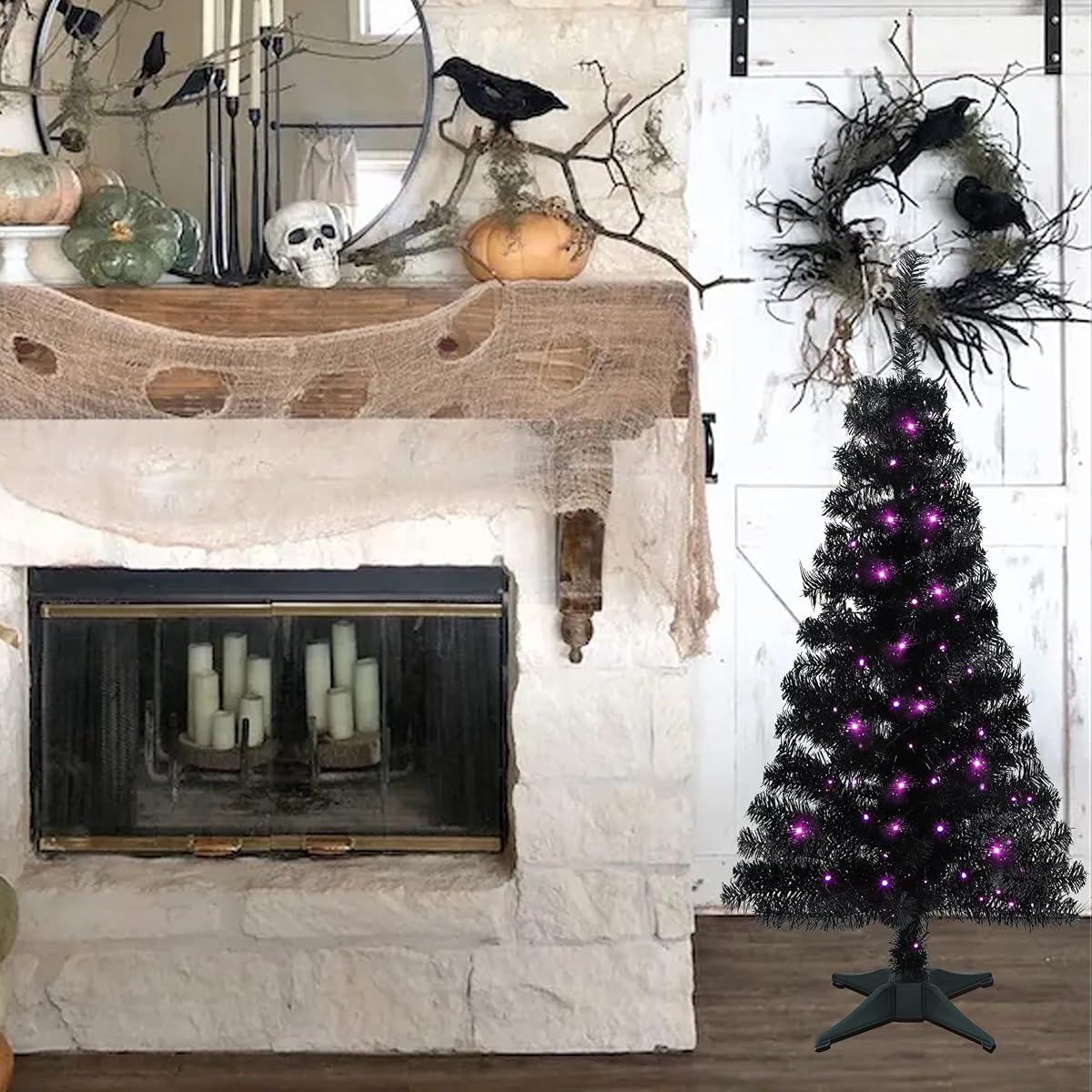 Juegoal Lighted Artificial Halloween Black Christmas Tree, 4FT Black Tinsel Pine Tree with 70 LED Purple Lights, 8 Modes & Timer for Home Party Decorations - detail image 6
