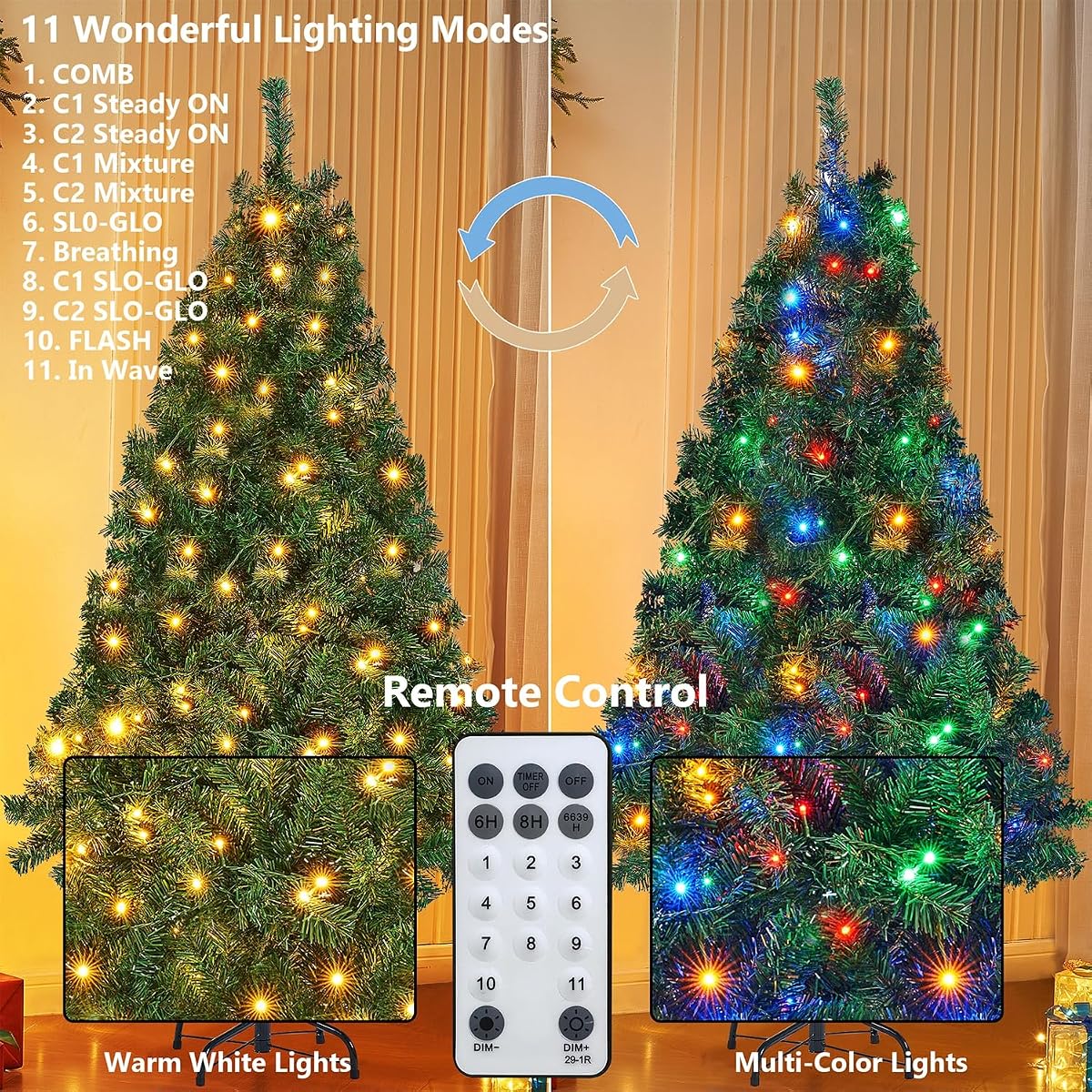 Juegoal 6 Foot Artificial Christmas Tree(NOT Pre-Strung), with 300 LED Warm White & Color Changing Lights, Fake Xmas Tree with Metal Legs, 850 Tips - detail image 1