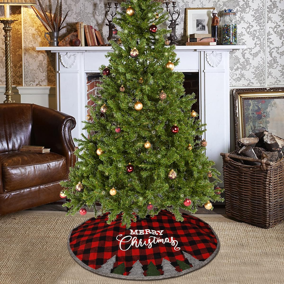 Juegoal 32 Inch Christmas Tree Skirt, Soft Red and Black Plaid Christmas Tree Mat for Xmas Party Decoration, Merry Christmas Base Cover for Christmas Tree Holiday Decor - imagem de detalhe 6