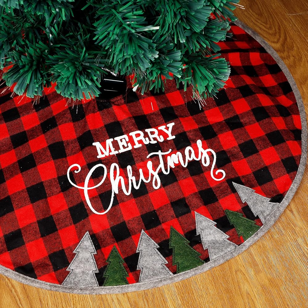 Juegoal 32 Inch Christmas Tree Skirt, Soft Red and Black Plaid Christmas Tree Mat for Xmas Party Decoration, Merry Christmas Base Cover for Christmas Tree Holiday Decor