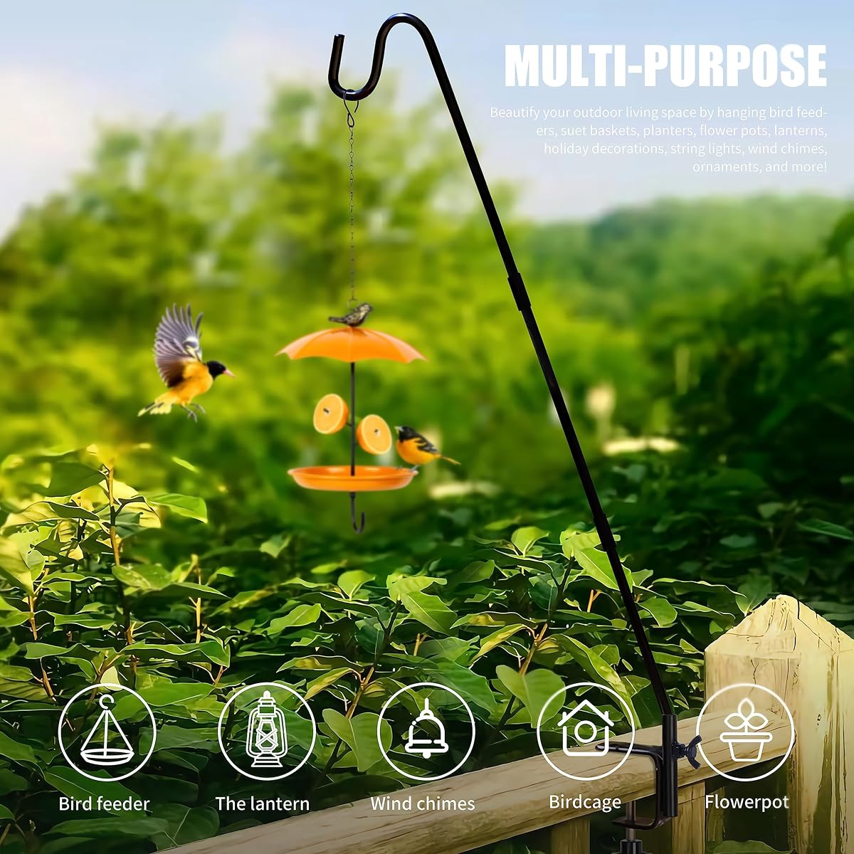 Juegoal 2 Pack Heavy Duty Deck Hook with 2 Inch Non Slip Clamp, 25 or 36 Inch Extended Reach Deck Hook, Adjustable Rail Pole Plant Bracket for Hanging Bird Feeder, Suet Baskets, Lanterns, Wind Chimes - imagem de detalhe 2