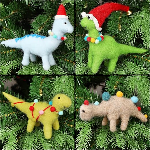 Juegoal Christmas Felt Dinosaur Ornaments Set of 4, Xmas Wool Hanging Decor, Animal Crafts Woodland Cute Tree Wreath Decor for Home Themed Birthday Party Supplies