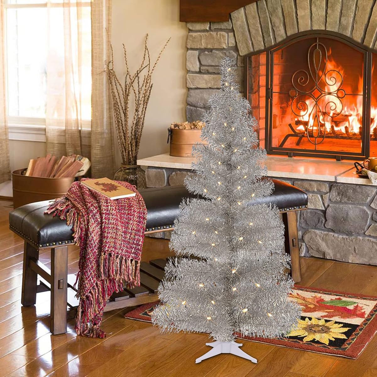 Juegoal 4 FT Pre-lit Artificial Christmas Tree, Lighted Silver Tinsel Pencil Pine Spruce Trees with 70 Warm White LED Lights, 8 Lighting Mode & Timer for Xmas Holiday Winter Home Party Decor - detail image 3