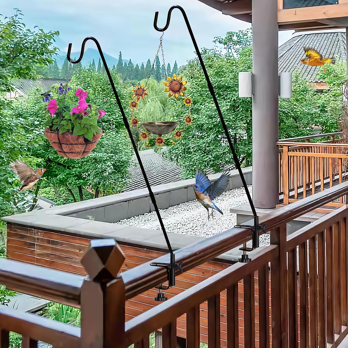 Juegoal 2 Pack Heavy Duty Deck Hook with 2 Inch Non Slip Clamp, 25 or 36 Inch Extended Reach Deck Hook, Adjustable Rail Pole Plant Bracket for Hanging Bird Feeder, Suet Baskets, Lanterns, Wind Chimes - imagem de detalhe 5