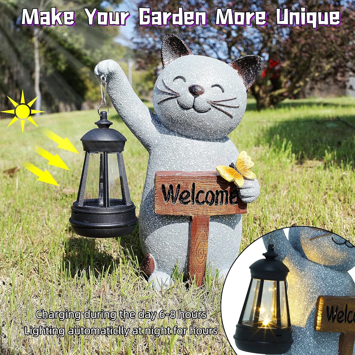 Juegoal Garden Statue Solar Cat Figurine with LED Lantern, Mothers Day 10" Resin Kitten Hold Welcome Sign, Outdoor Whimsical Lawn Porch, Lighted Housewarming Birthday for Mom Grandma - imagem de detalhe 3
